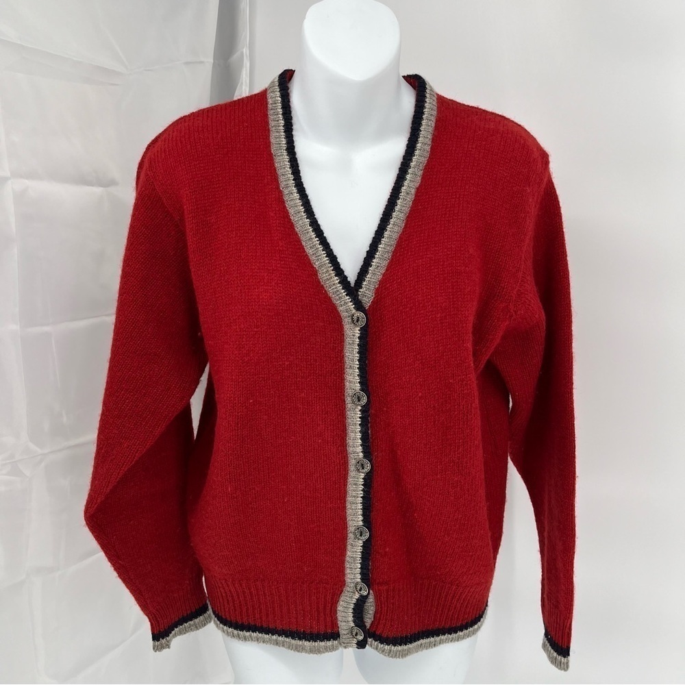 Vintage Code Bleu Womens 100% Shetland Wool Cardigan Red Grandpa Classic Trim